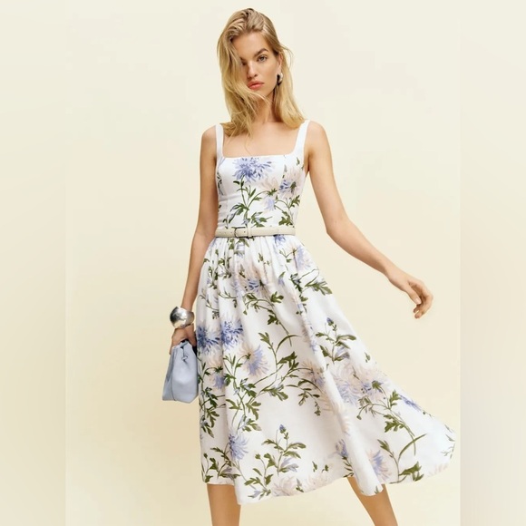 NEW Reformation Janu Midi Linen Dress Serenity White Blue Floral | US 0 / UK 4 - Picture 1 of 16